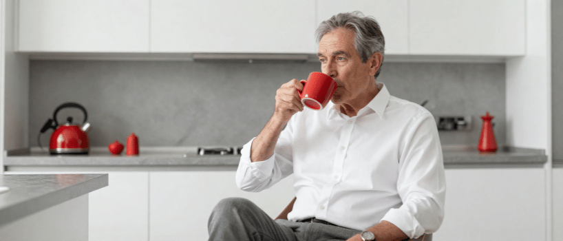 Homem idoso sentado na cozinha tomando uma caneca de café, pensando na vida, com semblante reflexivo.